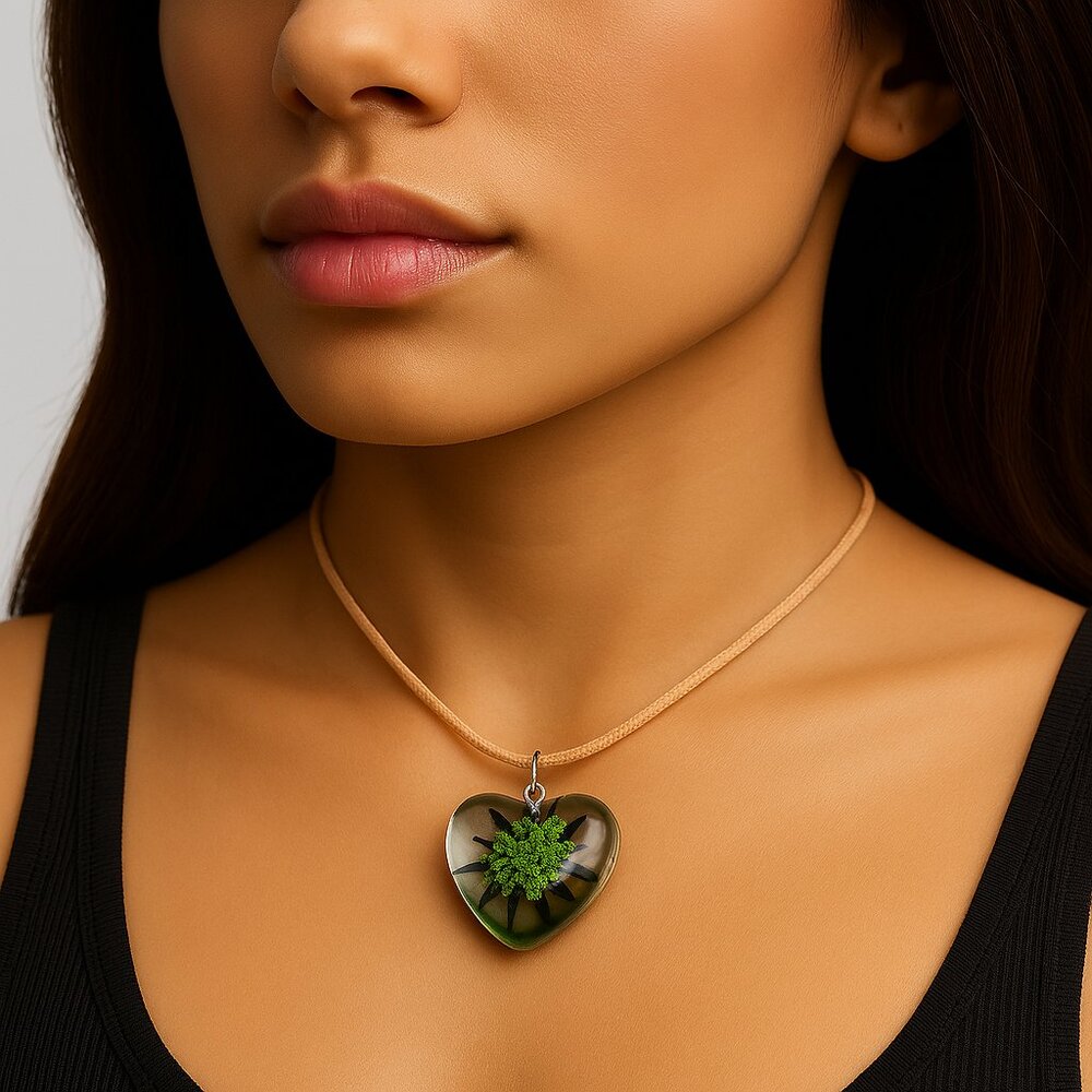 Heart-Shaped Green Floral Tree Pendant Necklace - 18" Beige Cord Fashion Jewelry